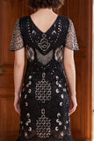 Robe des années 1920 à manches courtes abricot à col V avec paillettes et franges