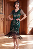 Robe des années 1920 à manches courtes abricot à col V avec paillettes et franges