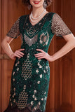 Robe des années 1920 à manches courtes abricot à col V avec paillettes et franges