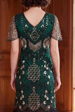 Robe des années 1920 à manches courtes abricot à col V avec paillettes et franges