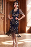 Robe des années 1920 à manches courtes abricot à col V avec paillettes et franges
