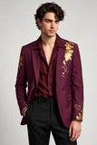 Blazer de bal masculin à boutons simples fleuris bourgogne à revers cranté