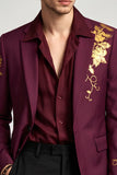 Blazer de bal masculin à boutons simples fleuris bourgogne à revers cranté
