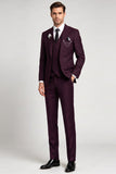 Costumes de bal 3 pièces en maillote simple à pointe en revers de pointe en claret pour hommes