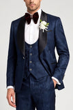 Costumes de bal de bal 3 pièces en xale en satin jaququard marine à boutonnage simple