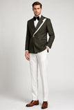 Costumes de bal pour hommes à boutons simples vert armée en deux pièces asymétriques à revers pointé