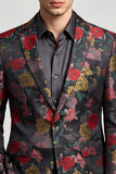 Blazer de bal pour hommes à fleur noire et rouge à boutons simples à encoche