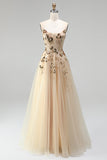 Robe de soirée longue champagne à corset, broderie à paillettes, sans bretelles, ligne A, en tulle et perlée