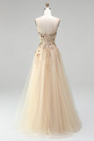 Robe de soirée longue champagne à corset, broderie à paillettes, sans bretelles, ligne A, en tulle et perlée