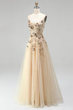 Robe de soirée longue champagne à corset, broderie à paillettes, sans bretelles, ligne A, en tulle et perlée