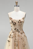 Robe de soirée longue champagne à corset, broderie à paillettes, sans bretelles, ligne A, en tulle et perlée