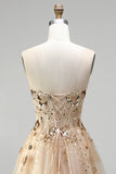 Robe de soirée longue champagne à corset, broderie à paillettes, sans bretelles, ligne A, en tulle et perlée