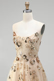 Robe de soirée longue champagne à corset, broderie à paillettes, sans bretelles, ligne A, en tulle et perlée