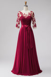 Robe de cérémonie longue bourgogne en mousseline, ligne A, à effet illusion, appliqués perlés et manches 3/4