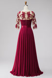 Robe de cérémonie longue bourgogne en mousseline, ligne A, à effet illusion, appliqués perlés et manches 3/4