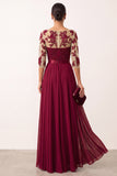 Robe de cérémonie longue bourgogne en mousseline, ligne A, à effet illusion, appliqués perlés et manches 3/4