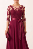 Robe de cérémonie longue bourgogne en mousseline, ligne A, à effet illusion, appliqués perlés et manches 3/4
