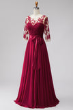 Robe de cérémonie longue bourgogne en mousseline, ligne A, à effet illusion, appliqués perlés et manches 3/4