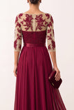 Robe de cérémonie longue bourgogne en mousseline, ligne A, à effet illusion, appliqués perlés et manches 3/4
