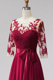Robe de cérémonie longue bourgogne en mousseline, ligne A, à effet illusion, appliqués perlés et manches 3/4