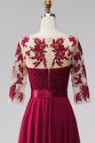 Robe de cérémonie longue bourgogne en mousseline, ligne A, à effet illusion, appliqués perlés et manches 3/4