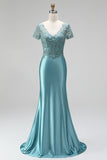 Robe de soirée longue avec broderie de paon, coupe sirène, en satin, à col V, avec perles et manches courtes