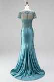 Robe de soirée longue avec broderie de paon, coupe sirène, en satin, à col V, avec perles et manches courtes