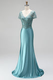 Robe de soirée longue avec broderie de paon, coupe sirène, en satin, à col V, avec perles et manches courtes