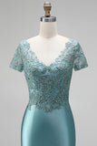 Robe de soirée longue avec broderie de paon, coupe sirène, en satin, à col V, avec perles et manches courtes