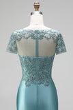 Robe de soirée longue avec broderie de paon, coupe sirène, en satin, à col V, avec perles et manches courtes
