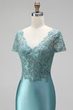 Robe de soirée longue avec broderie de paon, coupe sirène, en satin, à col V, avec perles et manches courtes