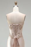 Corset sirène en satin champagne, avec perles, longue robe de soirée à bretelles