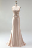 Corset sirène en satin champagne, avec perles, longue robe de soirée à bretelles