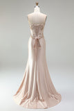 Corset sirène en satin champagne, avec perles, longue robe de soirée à bretelles