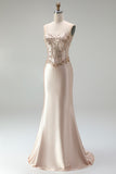 Corset sirène en satin champagne, avec perles, longue robe de soirée à bretelles
