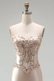 Corset sirène en satin champagne, avec perles, longue robe de soirée à bretelles