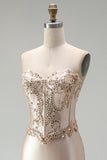 Corset sirène en satin champagne, avec perles, longue robe de soirée à bretelles