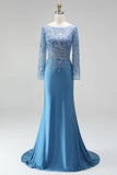 Robe de soirée longue bleu ardoise coupe sirène, à col bateau illusion, à paillettes, appliqués en satin et perlée