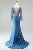 Robe de soirée longue bleu ardoise coupe sirène, à col bateau illusion, à paillettes, appliqués en satin et perlée