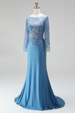 Robe de soirée longue bleu ardoise coupe sirène, à col bateau illusion, à paillettes, appliqués en satin et perlée