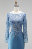 Robe de soirée longue bleu ardoise coupe sirène, à col bateau illusion, à paillettes, appliqués en satin et perlée