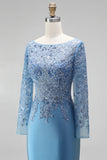 Robe de soirée longue bleu ardoise coupe sirène, à col bateau illusion, à paillettes, appliqués en satin et perlée
