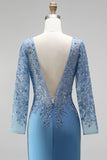 Robe de soirée longue bleu ardoise coupe sirène, à col bateau illusion, à paillettes, appliqués en satin et perlée