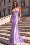 Corset en satin lilas applique florales 3D transparentes à bretelles fines robe de bal longue