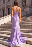 Corset en satin lilas applique florales 3D transparentes à bretelles fines robe de bal longue