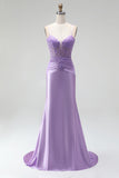 Corset en satin lilas applique florales 3D transparentes à bretelles fines robe de bal longue
