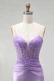 Corset en satin lilas applique florales 3D transparentes à bretelles fines robe de bal longue