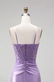 Corset en satin lilas applique florales 3D transparentes à bretelles fines robe de bal longue