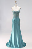 Corset bleu menthe, coupe sirène, avec fronces et appliqués, en satin, à fines bretelles, longue robe de soirée avec perles
