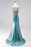 Corset bleu menthe, coupe sirène, avec fronces et appliqués, en satin, à fines bretelles, longue robe de soirée avec perles